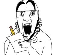bald glasses hair hand open_mouth paper pencil soyjakjak stubble surprised teeth variant:godjak writing // 1002x950 // 15.1KB