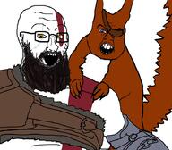 2soyjaks beard blue_eyes buck_teeth clothes eyepatch glasses god_of_war kratos open_mouth ratatoskr soyjak squirrel squirreljak subvariant:feralsquirrel tattoo variant:feraljak variant:soyak video_game yellow_eyes // 900x788 // 176.9KB