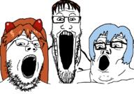 3soyjaks anime ayanami_rei blue_hair brown_hair female glasses hair hair_ornament ikari_shinji interface_headset long_hair neon_genesis_evangelion open_mouth orange_hair souryuu_asuka_langley soyjak soyjak_trio stretched_mouth stubble variant:gapejak variant:markiplier_soyjak variant:tony_soprano_soyjak // 828x583 // 134.5KB