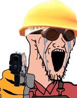 clothes crying engineer_(tf2) firearm glove goggles gun hand hat holding_gun holding_object holding_pistol open_mouth pistol pointing pointing_at_viewer soyjak stretched_mouth stubble team_fortress_2 variant:soyak video_game weapon white_skin // 785x1000 // 449.9KB