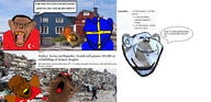 5soyjaks antenna brown_skin bug cockroach country crescent earthquake fire flag gem gem_skin hair headband irl_background islam open_mouth quran speech_bubble sweden sweden_yes text turkiye variant:feraljak variant:impish_soyak_ears variant:monkeyjak variant:phillip yellow_teeth // 2892x1400 // 1.4MB