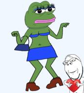 arm attraction belly_button blue_clothes boots bra frog full_body glasses heart heels high_heels implied_racemixing pepe pepe_the_frog purse series:slutjaks skirt slut smile stubble subvariant:slutjak subvariant:wholesome_soyjak variant:gapejak // 2560x2860 // 750.0KB