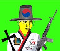 badge christianity clothes cross firearm glasses gun hat kim league_of_legends small_eyes south_korea soyjak squid_game text variant:chudjak yellow_skin // 1698x1440 // 631.5KB