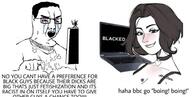 angry bbc blacked bloodshot_eyes clothes computer crying female girl glasses hair hand keyboard open_mouth queen_of_spades screen soyjak sweating tattoo typing variant:chudjak wojak // 981x498 // 108.8KB