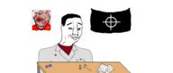 amerimutt bloodshot_eyes brown_skin celtic_cross chud closed_mouth clothes drugs fentanyl flask hair happy mutt paper pervitin scientist shirts subvariant:impish_amerimutt swastika syringe table total_nigger_death tranq variant:chudjak variant:impish_soyak_ears white_nationalism xilaxin // 3828x1638 // 101.8KB