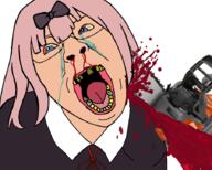 anime blood bloodshot_eyes blue_eyes bowtie chainsaw chika_fujiwara clothes gore hair kaguya_sama_love_is_war missing_teeth open_mouth pink_hair soyjak subvariant:chainsaw_bernd variant:bernd yellow_teeth // 900x722 // 447.8KB