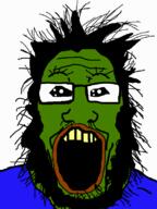 beard clothes first_pepe_image frog glasses green hair open_mouth pepe soyjak variant:markiplier_soyjak yellow_teeth // 600x800 // 39.7KB
