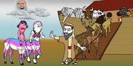 angry animal antler art beard bible blue_hair boat bra bull centaur cloud cow deer drawn_background earring elephant flag:transgender_pride_flag frankenpenis frown ftm glasses god horn judaism lightning lion masectomy_scars monkey multiple_soyjaks nipple noah orangutan pink_hair pink_skin pooner sandals scar sock soyjak squirrel stitches subvariant:feralsquirrel tranny trunk tusk variant:chudjak variant:feraljak variant:gapejak variant:impish_soyak_ears variant:markiplier_soyjak // 1200x600 // 342.6KB