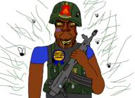 award blue_shirt brown_skin bulletproof_vest combat_helmet discord discord_logo_facial_mark esl facial_mark firearm fnf_pedo gun helmet holding_gun holding_object holding_rifle i_trans_heart lesotho looking_at_you military military_uniform rifle stinky subvariant:chudplier transheart variant:chudjak variant:markiplier_soyjak white_background yellow_sclera yellow_teeth // 1283x929 // 363.2KB