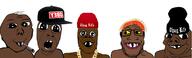 5soyjaks baby black_skin blunt clothes deformed glasses gold_chain hat obey_hat open_mouth smile smoke stubble subvariant:gerald subvariant:grinlook_poggers subvariant:jacobson subvariant:nathaniel thug_life variant:a24_slowburn_soyjak variant:cobson variant:david variant:gapejak variant:markiplier_soyjak watermelon weed // 1304x392 // 253.1KB