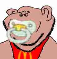 amerimutt baby bald bib binky ear jpeg_compression low_quality low_resolution mcdonalds mutt pacifier small_eyes soyjak stubble subvariant:impish_amerimutt tan_skin white_background // 518x541 // 140.2KB