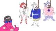 5soyjaks bloodshot_eyes cap closed_mouth clothes crying doll_(user) furry glasses glegle hair hanging hat hoodie kolyma mustache nara open_mouth pink_skin rope smile soyjak soyjak_party stubble suicide tag thumbs_up tongue variant:bernd variant:feraljak yellow_teeth // 3168x1772 // 630.9KB