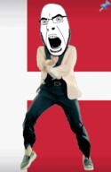 animated country dance denmark flag flag:denmark full_body gangnam_style glasses irl open_mouth push_pin soyjak sticky stubble variant:cobson // 300x460 // 531.2KB