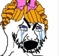 angry anime anime_female bloodshot_eyes blue_eyes crying curly_hair gaap glasses open_mouth orange_hair pink_bow soyjak stubble thick_eyebrows umineko variant:cryboy_soyjak // 1080x1012 // 121.2KB