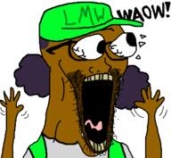 arm black_skin broken_glasses clothes eyes_poppings glasses hair hand hat lost_media_wiki mascot nigger overalls space_buns stubble subvariant:waow tongue variant:soyak vibrating // 640x591 // 19.5KB