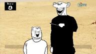 2soyjaks arm clothes crying desert ear execution fat hand holding_knife holding_object imminent_death irl_background isis islam knife laughing open_mouth soyjak stubble subvariant:splicejak terrorism terrorist variant:impish_soyak_ears // 2000x1117 // 198.6KB