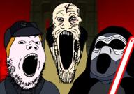 4soyjaks angry clothes emperor hair hat lightsaber open_mouth orange_hair palpatine sci-fi sequel sith soyjak soyjak_trio space star_wars stretched_mouth stubble tv_(4chan) variant:a24_slowburn_soyjak variant:gapejak variant:markiplier_soyjak variant:tony_soprano_soyjak // 828x581 // 146.5KB