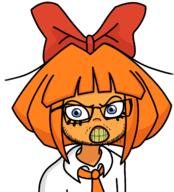 blue_eyes bowtie clenched_teeth clothes eyelashes female glasses mustache mymy necktie ongezellig orange_hair orange_skin soyjak stubble variant:feraljak yellow_teeth // 1362x1507 // 7.8MB