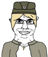 arm christianity clothes cross glasses hair hat marichka nazism necklace pointing russo_ukrainian_war smile smug soyjak subvariant:chudjak_front tranny ukraine variant:chudjak yellow_hair // 411x493 // 8.9KB