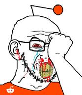 antenna blood bloodshot_eyes blue_eyes clenched_teeth cracked_teeth crying ear fist glasses hand merge nosebleed red_eyes reddit soyjak stubble subvariant:feralrage variant:feraljak variant:soyak yellow_teeth // 782x900 // 162.5KB