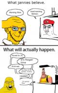 3soyjaks 4chan animal closed_mouth clothes dog ear floigan_bros glasses hat janny mario open_mouth smile smoke smug soyjak stubble variant:chudjak variant:feraljak variant:soyak xbox yellow_skin // 600x958 // 322.1KB