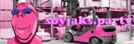 banner blue_glasses closed_mouth doll_(user) forklift glasses irl_background pink pink_skin smile soyjak_party stubble subvariant:wholesome_soyjak text variant:gapejak // 1000x333 // 510.4KB