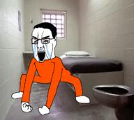 angry animated clothes full_body glasses hair irl_background jail monkey_dance open_mouth soyjak variant:chudjak // 770x691 // 270.9KB