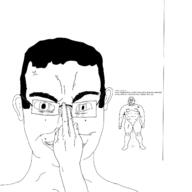 closed_mouth communism ear full_body glasses hair hammer_and_sickle imminent_slur nsfw penis redraw smile soyjak text tranny variant:chudjak // 1400x1400 // 157.2KB