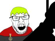 2soyjaks badge clothes crying glasses hair mustache nate open_mouth rope silhouette soot_colors soyjak soyjak_party suicide text tragedyjakking variant:feraljak variant:kuzjak yellow_hair // 1000x750 // 132.7KB