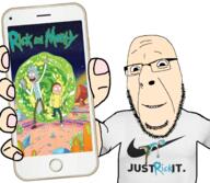 arm clothes glasses hand holding_object holding_phone iphone just_do_it morty_smith phone rick_and_morty rick_sanchez smile soyjak stubble tshirt variant:cobson // 2160x1884 // 2.6MB