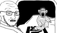 2soyjaks clothes ear full_body glasses hairy meta:tagme open_mouth scared soyjak stubble subvariant:soyak_(concerned) variant:markiplier_soyjak variant:soyak // 916x527 // 141.9KB