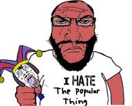 2soyjaks angry arm balding blush clothes clown frown hat holding_object holding_soyjak i_hate jester_hat pomni punisher punisher_face red_skin redraw squished subvariant:science_lover t-shirt the_amazing_digital_circus tshirt variant:bernd variant:markiplier_soyjak // 608x492 // 51.4KB