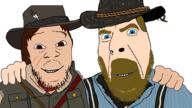 1899 1911 2soyjaks arthur_morgan beige_shirt blue_eyes blue_shirt brown_eyes brown_hair clothes collar cowboy friendship game gunslinger hat john_marston looking_at_you no_more_brother_wars outlaw pocket red_dead_redemption red_dead_redemption_2 rockstar_games scar variant:cobson variant:feraljak vest video_game white_skin yellow_hair // 1920x1080 // 220.6KB