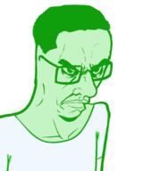 angry arm closed_mouth clothes glasses glowie glowing green_skin hair soyjak subvariant:chudjak_seething tshirt variant:chudjak // 899x1078 // 155.4KB