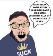 angry clothes cuck disney feminist glasses green_eyes hair john_rocha male_feminist open_mouth shill soyjak star_wars stubble text tshirt variant:feraljak white_skin // 938x996 // 251.1KB