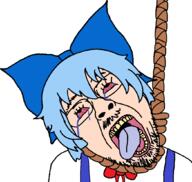 anime bloodshot_eyes blue_hair bowtie cirno clothes crying female glasses hair hair_ribbon hanging mustache open_mouth rope soyjak stubble suicide tongue touhou variant:bernd video_game white_skin yellow_teeth // 1046x994 // 44.4KB