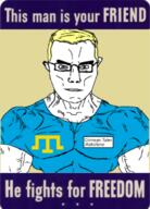 Astrofene_(namefag) arm blue_eyes buff closed_mouth clothes crimean_tatar flag flag:crimean_tatar glasses hair propaganda propaganda_poster soyjak subvariant:chudjak_front subvariant:muscular_chud this_man_is_your_friend_he_fights_for_freedom tshirt variant:chudjak vein white_skin yellow_background yellow_hair // 491x681 // 251.6KB