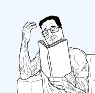 book chair chud glasses holding_book holding_object muscles muscular_male reading smile smirk soyjak subvariant:chud_reading template transparent_background variant:chudjak // 528x516 // 29.8KB