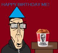 alfietheboorufag(user) black_hood black_jacket bucket chicken clean_shaven cone_hat glasses green_eyes hair hoodie kfc meta:op_took_a_selfie_of_xerself ms_paint no_stubble open_mouth red_background shaved subvariant:euromutt table variant:markiplier_soyjak white_skin // 901x827 // 108.2KB