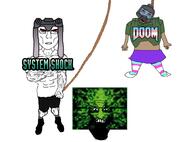 3soyjaks armor bloodshot_eyes brown_skin doom hanging muscles open_mouth rope stubble subvariant:chudjak_front subvariant:unbotheredchud system_shock text tranny transgender_flag variant:bernd variant:chudjak variant:markiplier_soyjak // 3688x2728 // 1.3MB