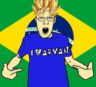 aryan blond blue_eyes brazil clothes dragon_ball fascism flag flag:brazil hand heart i_love integralism pointing son_goku stubble tshirt variant:shirtjak white_skin yellow_hair yellow_stubble // 618x559 // 107.2KB