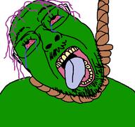 ack bloodshot_eyes crying death glasses green green_skin hair hanging looking_up mustache noose open_mouth purple_hair rope series:gigachadhero's_colorful_troonjaks soyjak stubble suicide tongue tongue_out tranny variant:bernd white_background yellow_teeth // 768x719 // 29.7KB