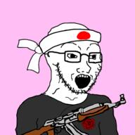 clothes firearm glasses gun hachimaki headband japan open_mouth rifle soyjak stubble variant:soyak // 500x500 // 87.1KB