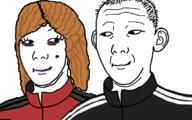 2soyjaks closed_mouth clothes ear eyelashes female femjak hair kuz looking_at_each_other makeup mole orange_hair smile soyjak subvariant:female_kuz tired track_suit variant:carterjak variant:kuzjak // 746x468 // 64.0KB