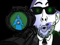 arch_linux central_intelligence_agency firearm g_(4chan) gentoo glasses glowie glowing gun holding_gun holding_object holding_rifle imminent_death linux rifle sniper sniper_rifle soyjak stubble technology tranny variant:bernd variant:nojak weapon // 980x742 // 485.5KB