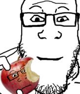 1 apple beard closed_mouth eating food fruit glasses neutral red_(fruit) smile subvariant:neutralplier variant:markiplier_soyjak // 588x691 // 187.3KB