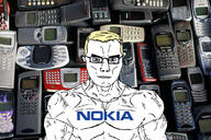 arm blue_eyes buff closed_mouth clothes ear glasses hair irl_background nokia phone soyjak subvariant:chudjak_front subvariant:muscular_chud tshirt variant:chudjak vein yellow_hair // 1125x750 // 269.1KB