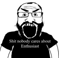 angry balding beard black_shirt careless clothes enthusiast glasses hair open_mouth shitnobodycaresabout soyjak subvariant:science_lover text tshirt variant:markiplier_soyjak white_text // 800x789 // 24.3KB
