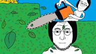 2soyjaks chainsaw eyebrows forehead_lines glasses hair hedge holding_chainsaw holding_object mouth_closed nose soyjak stubble subvariant:nulennonjak subvariant:wholesome_soyjak sun variant:gapejak variant:lennonjak variant:turtlejak // 1686x956 // 126.8KB