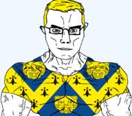 animal arm aryan blue_eyes british buff closed_mouth clothes ear england eyes_like_the_o-o-cean flag flag:shropshire glasses hair leopard shropshire soyjak subvariant:chudjak_front subvariant:muscular_chud tshirt united_kingdom variant:chudjak vein yellow_hair // 1059x929 // 196.8KB